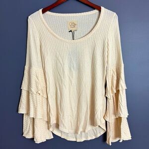 Chaser Waffle Thermal Knit Super Soft Top Ruffle Tiered Bell Sleeves Medium NEW